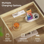 Superjare Nightstands Set Of 2, Night Stands With Charging Station & Pe Rattan Decor Drawer, Bed Side Tables With Solid Wood Feet, End Table, For Bedroom, Living Room - Natural