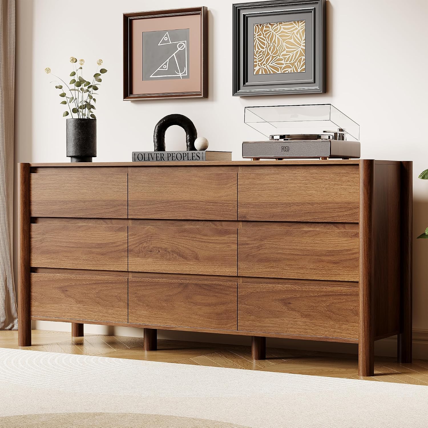 63" Wide 9-Drawer Dresser For Bedroom, Mid-Century Modern Chest With Solid Wood Legs, Concealed Handle,Large Wood Storage Organizer, Bedroom Storage,Walnut
