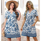 Wiholl Summer Dresses For Women Casual V Neck Wedding Guest Dress Hawaiian Midi Dress Fashion Beach Vacation Clothes