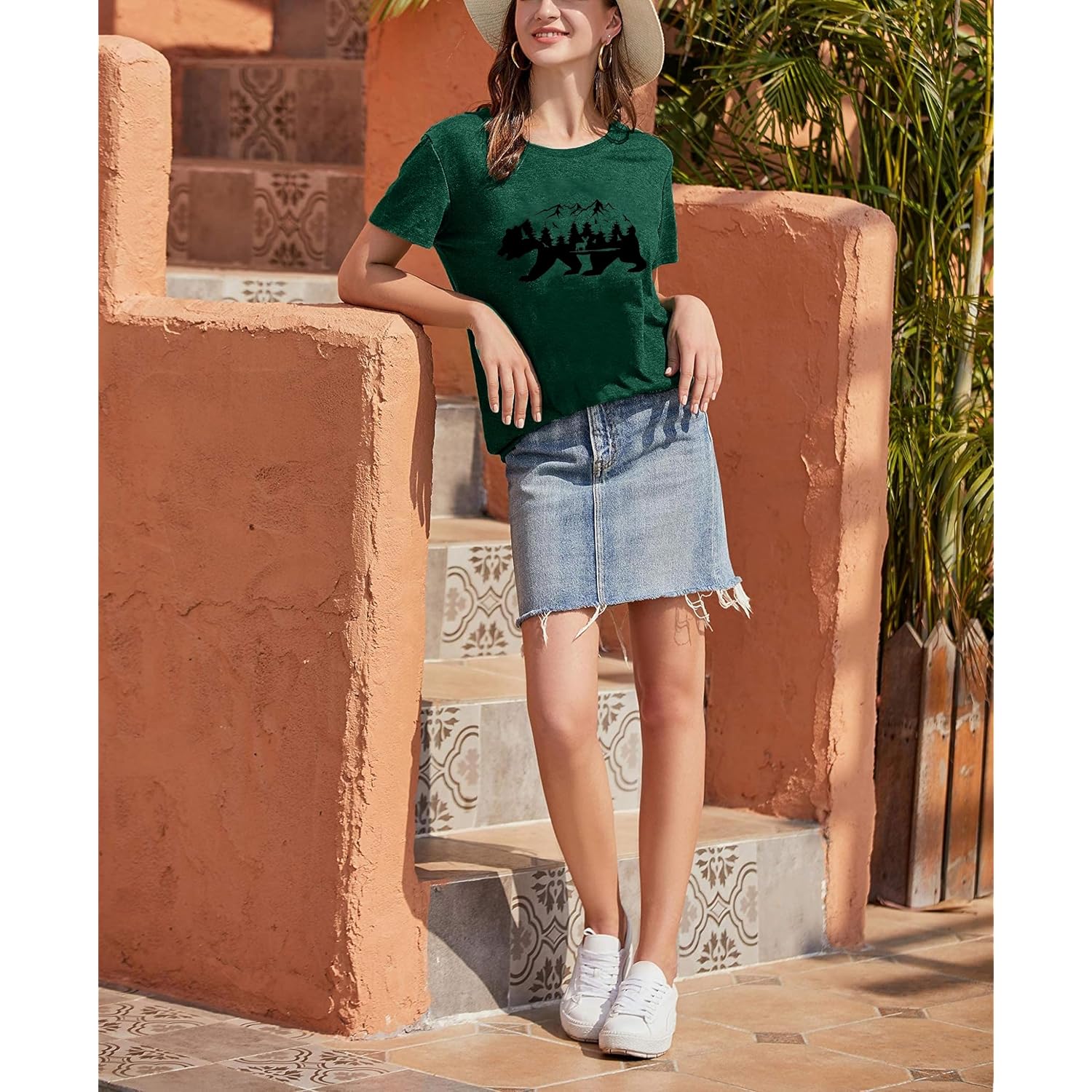 Vintage Boho Graphic Tees for Women Summer Round Neck Nature Cottagecore Tee Tops Bear Green