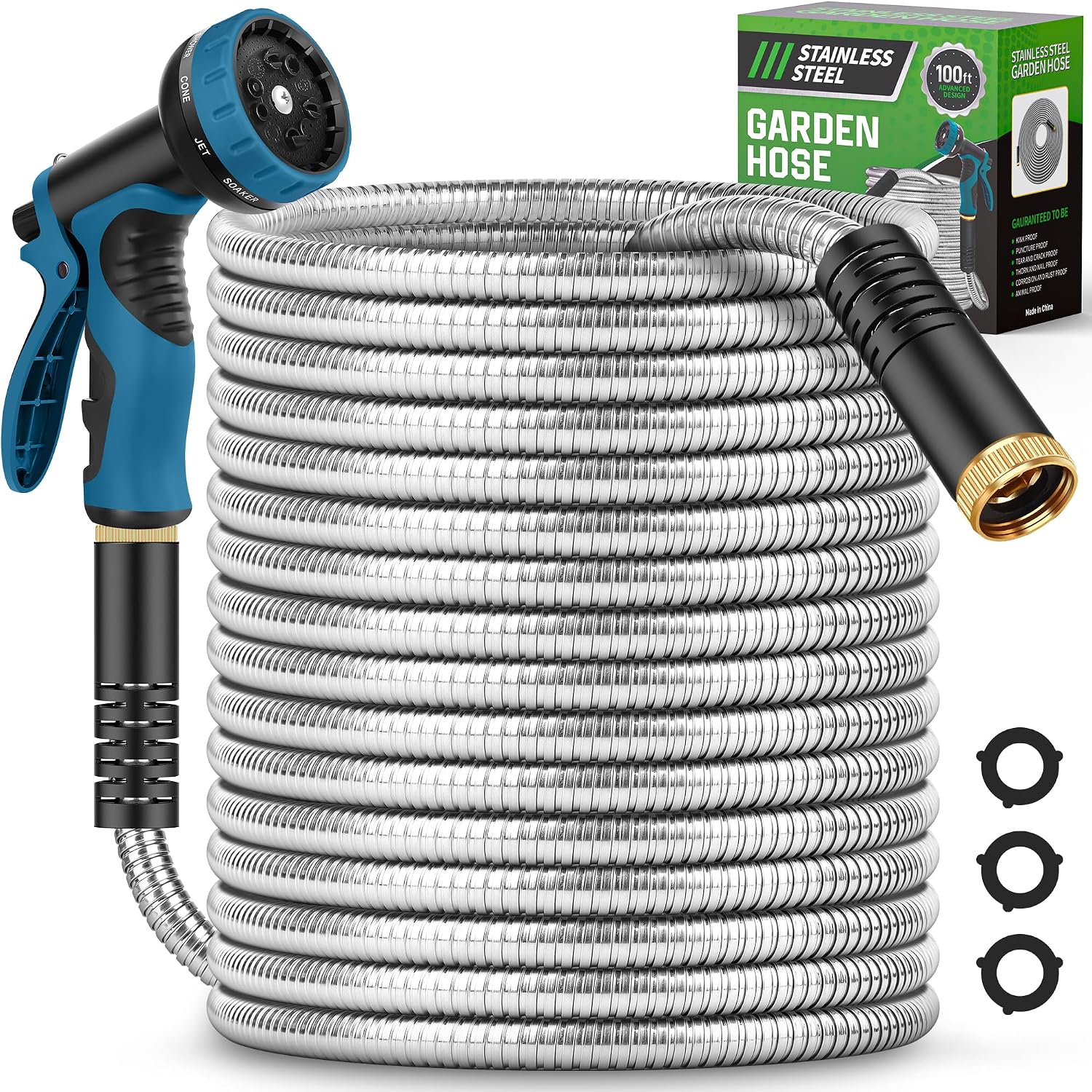 Garden Hose 100Ft With 10-Function Nozzle, No-Kink Water Hose | Metal Hoses With Leak-Proof Connectors, Lightweight, Puncture-Proof, Pet-Proof, Sturdy, 550Psi, Hose For Outdoor, Yard