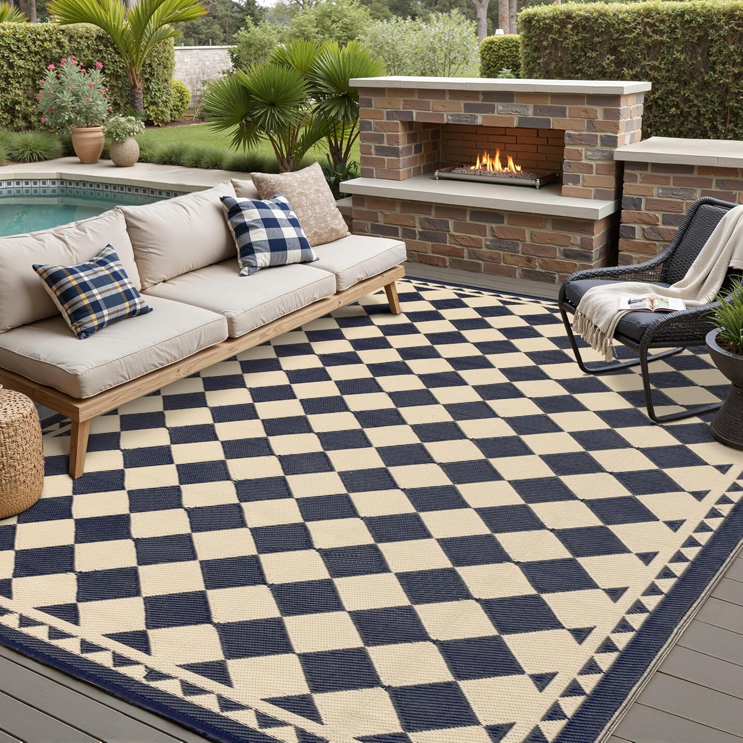 Outdoor Rug For Patios Clearance,Waterproof Mat,Large Outside Carpet,Reversible Plastic Straw Camping Rugs,Rv,Porch,Deck,Camper,Balcony,Backyard (8X10,Checkered/Black&Beige)