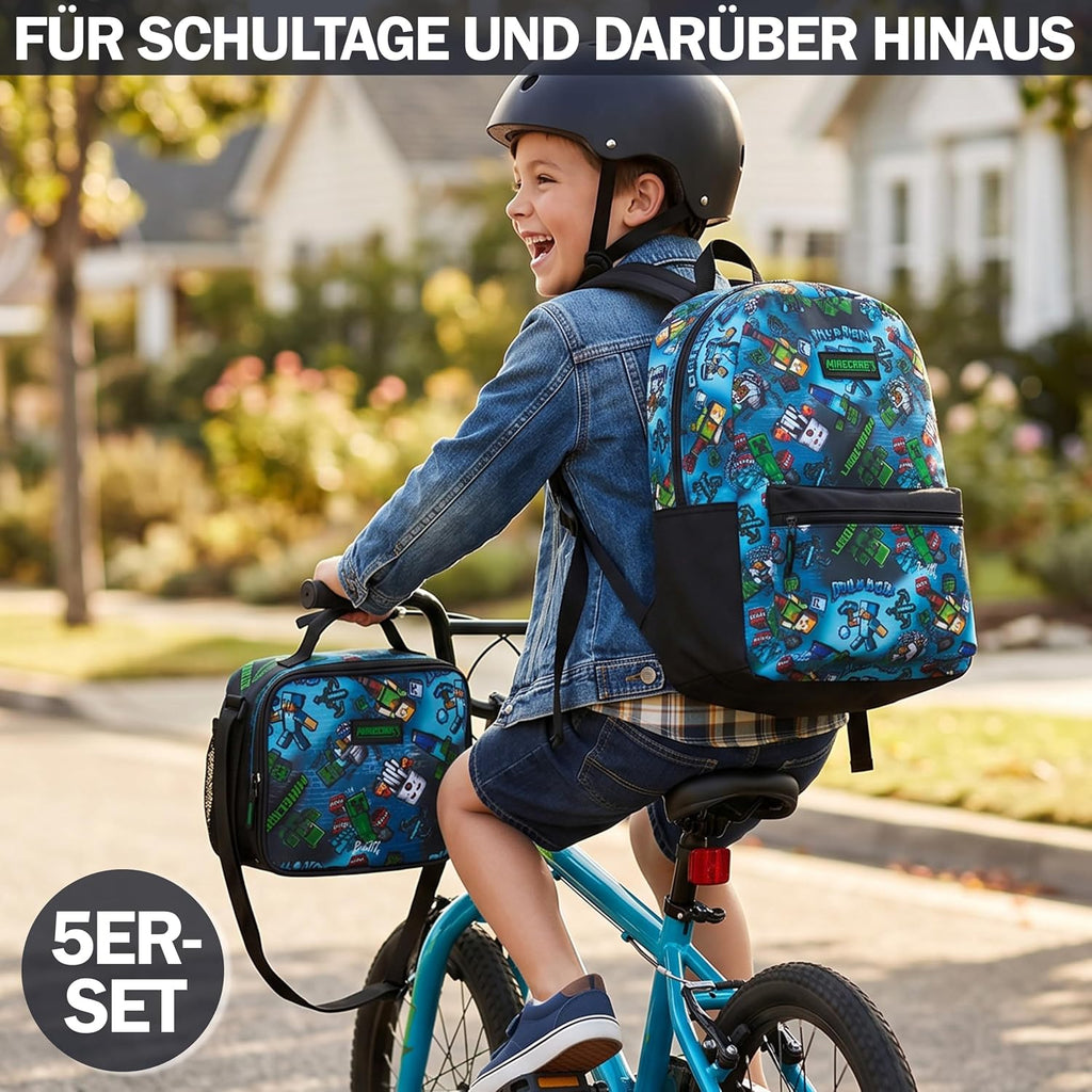 Get Trend Minecraft Kids Backpack Set For Boys With Insulated Lunch Bag, Water Bottle, Lanyard, & Charm, 5 Pc Book Bag With Padded Straps For School, Travel, Creeper Gamer Gifts (Multi Minecraft)