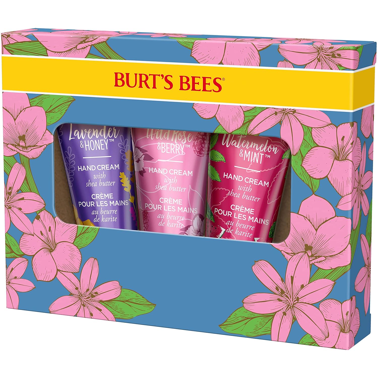 Burt's Bees Spring Gift, 3 Moisturizing Self Care Gifts, Shea Butter Hand Cream Trio Spring Set - Lavender & Honey, Wild Rose & Berry and Watermelon & Mint (Packaging May Vary)