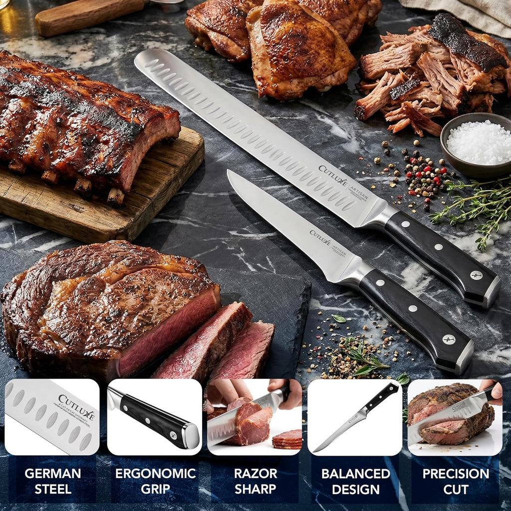 Cutluxe Carving Knife Set for BBQ & Brisket – Razor Sharp German Steel Slicing and Boning Knife for Meat Cutting, Full Tang & Ergonomic Handle, Grilling Gifts for Men – Artisan Series