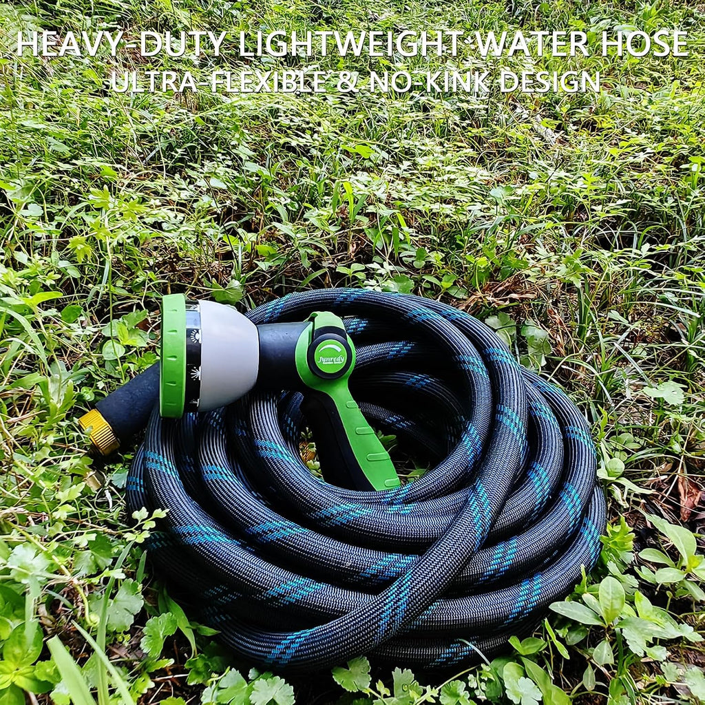 Junredy Garden Hose 50 Ft, Non-Expandable Heavy-Duty Flexible & Lightweight Water Hose With 10-Function Nozzle, No-Kink, Leak-Proof Super Fabric, Solid Fittings For Lawn, Car, Outdoor (Black Blue)