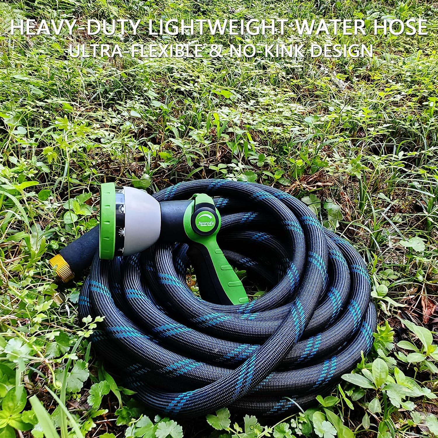 Junredy Garden Hose 50 Ft, Non-Expandable Heavy-Duty Flexible & Lightweight Water Hose With 10-Function Nozzle, No-Kink, Leak-Proof Super Fabric, Solid Fittings For Lawn, Car, Outdoor (Black Blue)