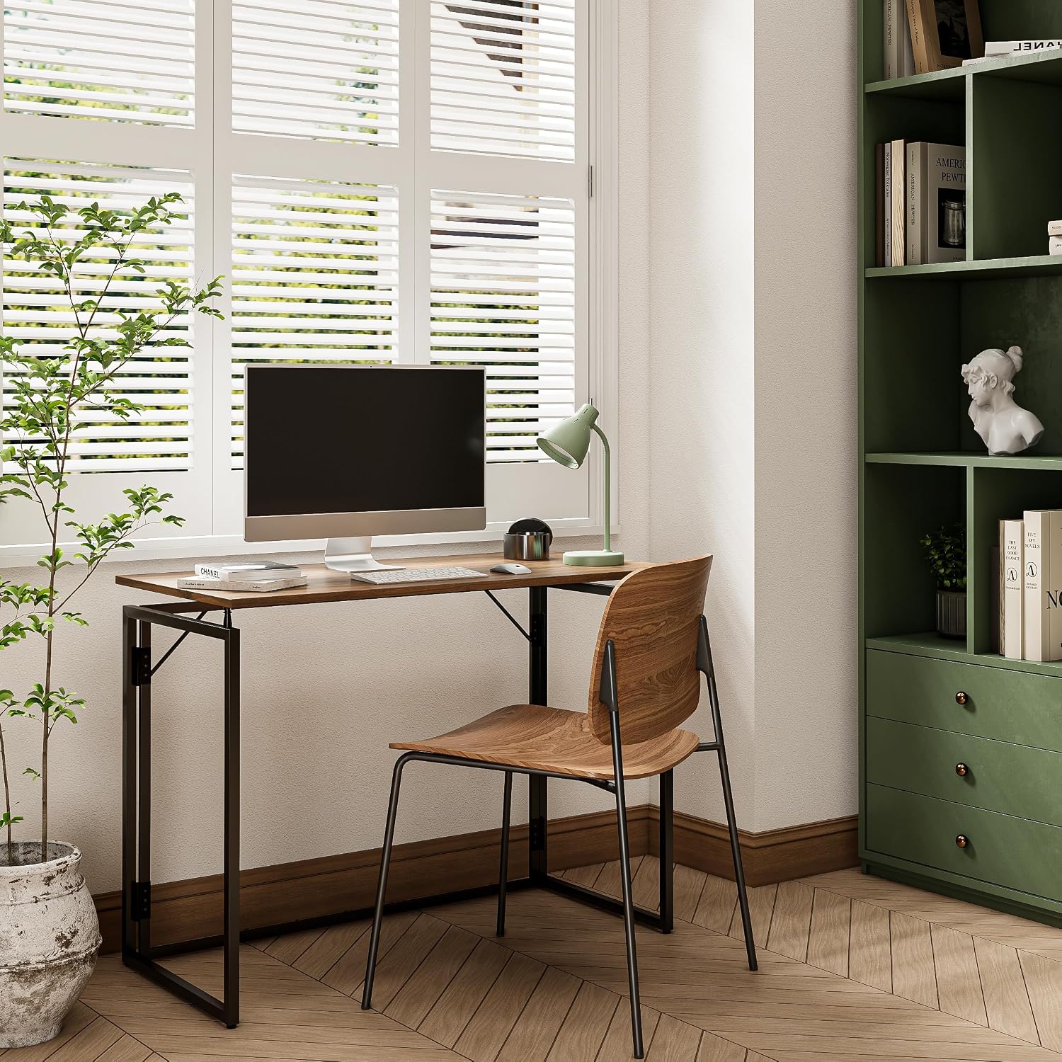 31.5" Folding Desk: No Assembly, Wood Top For Small Spaces | Home Office Desk, Holds 150 Lbs, Folds Flat To 2.3 In, Splash-Proof Wood Top, Sturdy Metal Frame
