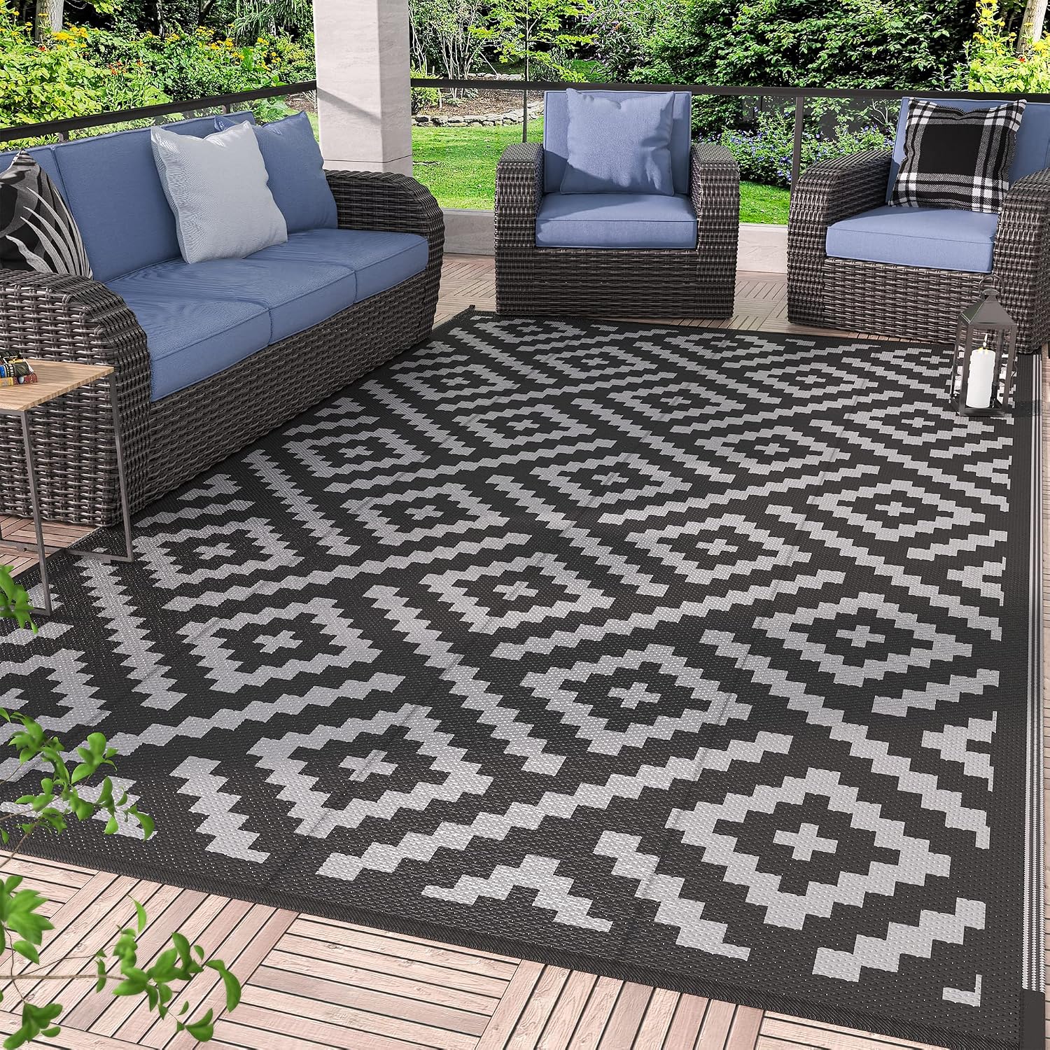 Genimo Outdoor Rug, Waterproof Plastic Rugs For Patio, 5'X8' Black Grey | Outside Larger Modern Carpet Mat For Porch Decor, Deck, Balcony, Camping, Rv, Backyard, Picnic, Beach, Reversible, Foldable