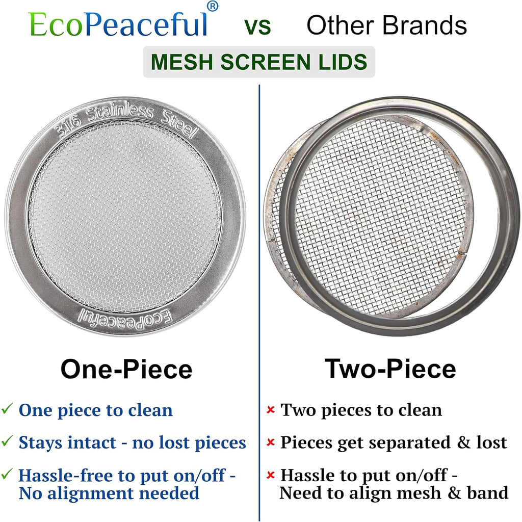 2 Pack ONE-PIECE 316 Surgical Stainless Steel Sprouting Lids for Wide Mouth Mason Jar (Ball Kerr) - One-Piece- Strainer Mesh Lids - Rust-Proof