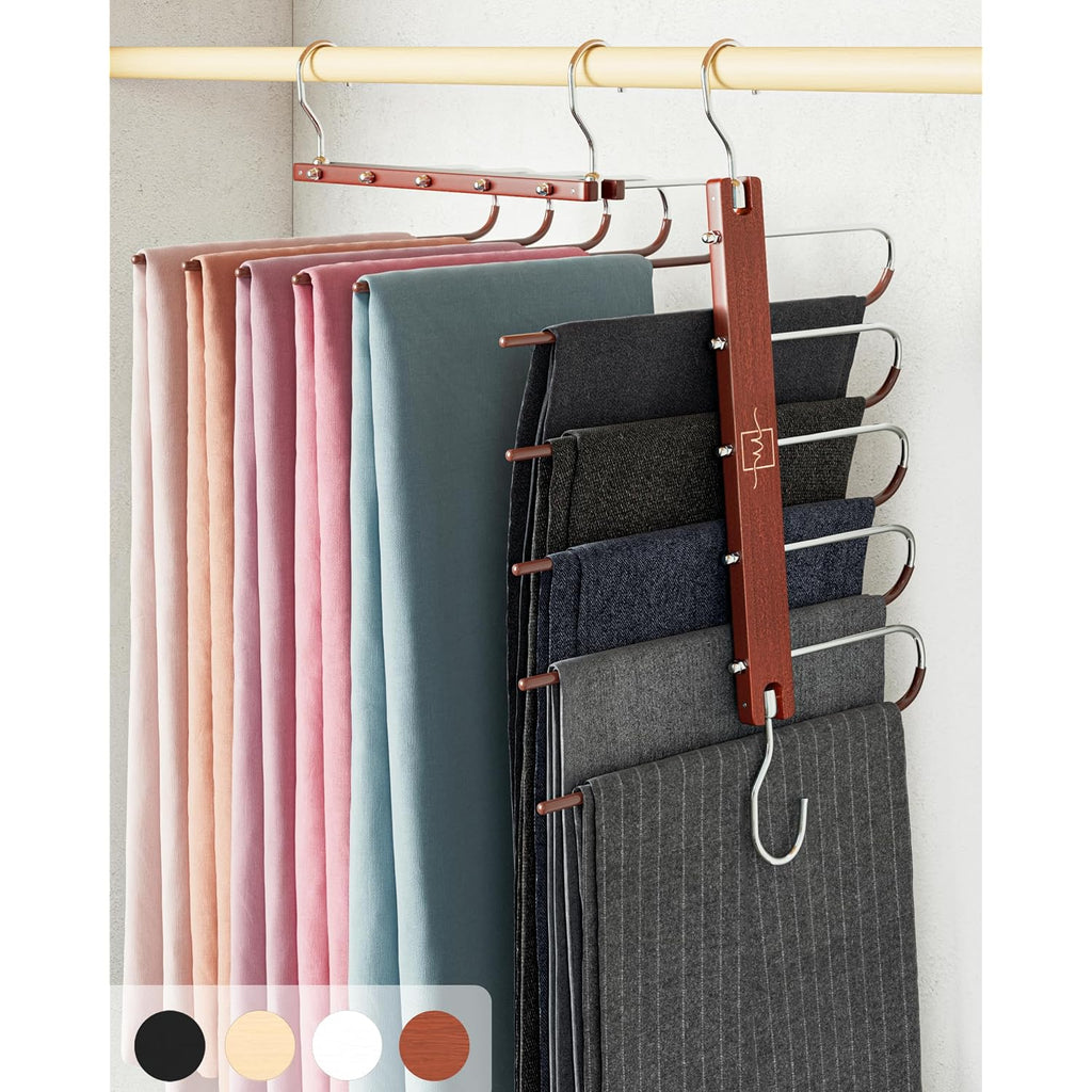 Pants Hangers Space Saving - 2 Pack European Beechwood Scarf And Jean Hangers - Closet Organizer And Space Saver Pant Rack, Leggings Hanger, And Scarf Holder With 360° Swivel Hook