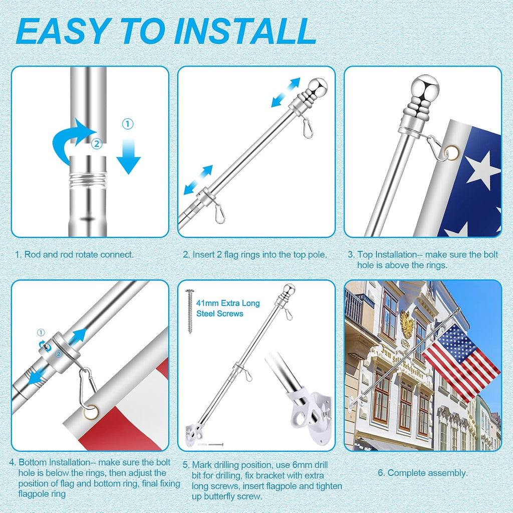 5 Ft Flag Pole For Outside House, 1" Stainless Steel Flag Pole Kit With 2-Position Flagpole Holder Bracket & 360° Spinning Metal Flag Ring Clips, Outdoor Porch Wall Mounted For 3X5 Flag (5 Ft, Silver)