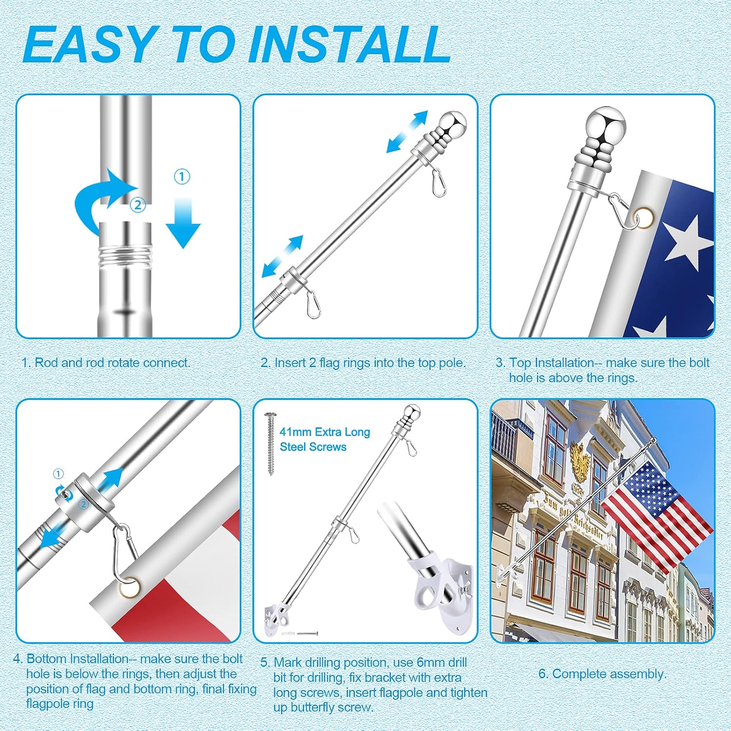 5 Ft Flag Pole For Outside House, 1" Stainless Steel Flag Pole Kit With 2-Position Flagpole Holder Bracket & 360° Spinning Metal Flag Ring Clips, Outdoor Porch Wall Mounted For 3X5 Flag (5 Ft, Silver)