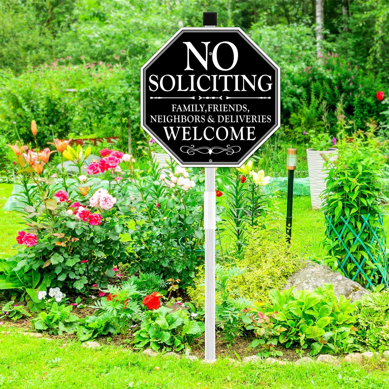 No Soliciting Sign For House, 11" X 27" No Soliciting Yard Sign With Stake, Metal No Soliciting Sign Perfect For Yard, Easy To Install (Welcome)
