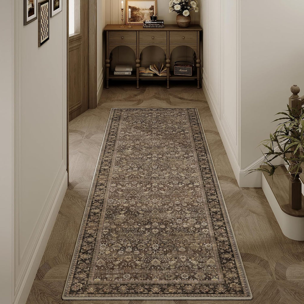 2X6 Runner Rug Machine Washable Brown Hallway Area Rugs Indoor Accent Rugs Floral Low Pile Carpet Distressed Throw Rug Bedroom Living Room Office Dining Kitchen Laundry Non Slip