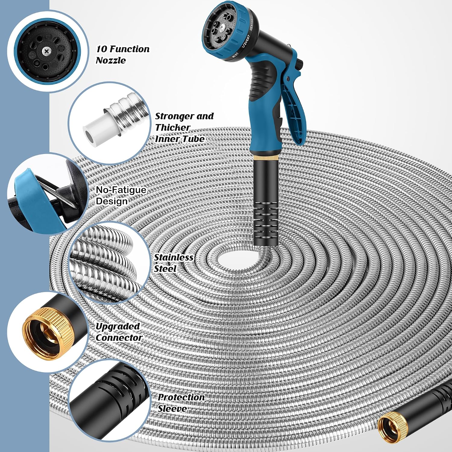 Garden Hose 100Ft With 10-Function Nozzle, No-Kink Water Hose | Metal Hoses With Leak-Proof Connectors, Lightweight, Puncture-Proof, Pet-Proof, Sturdy, 550Psi, Hose For Outdoor, Yard