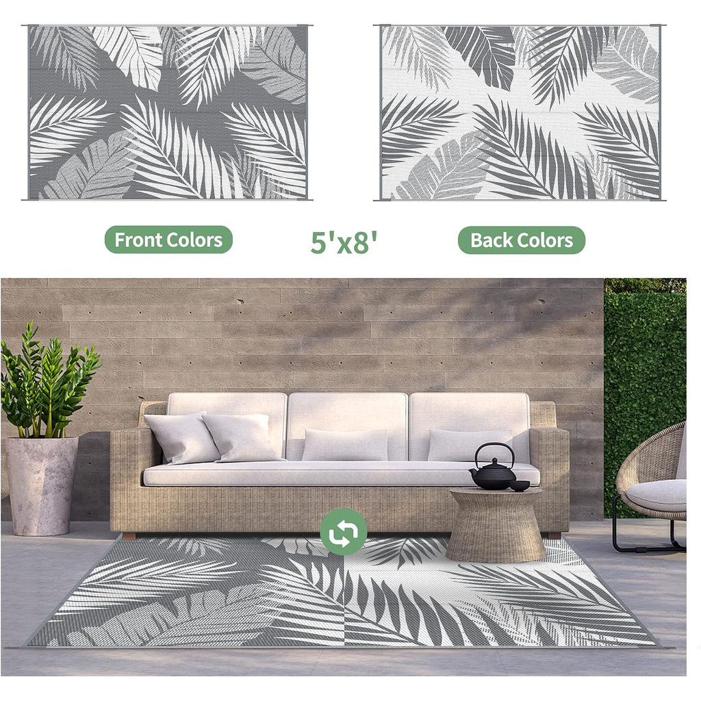 Genimo Outdoor Rug, Waterproof Plastic Rugs For Patio, 5'X8' Grey White | Outside Larger Leaf Carpet Mat For Porch Decor, Deck, Balcony, Camping, Rv, Backyard, Picnic, Beach, Reversible, Foldable