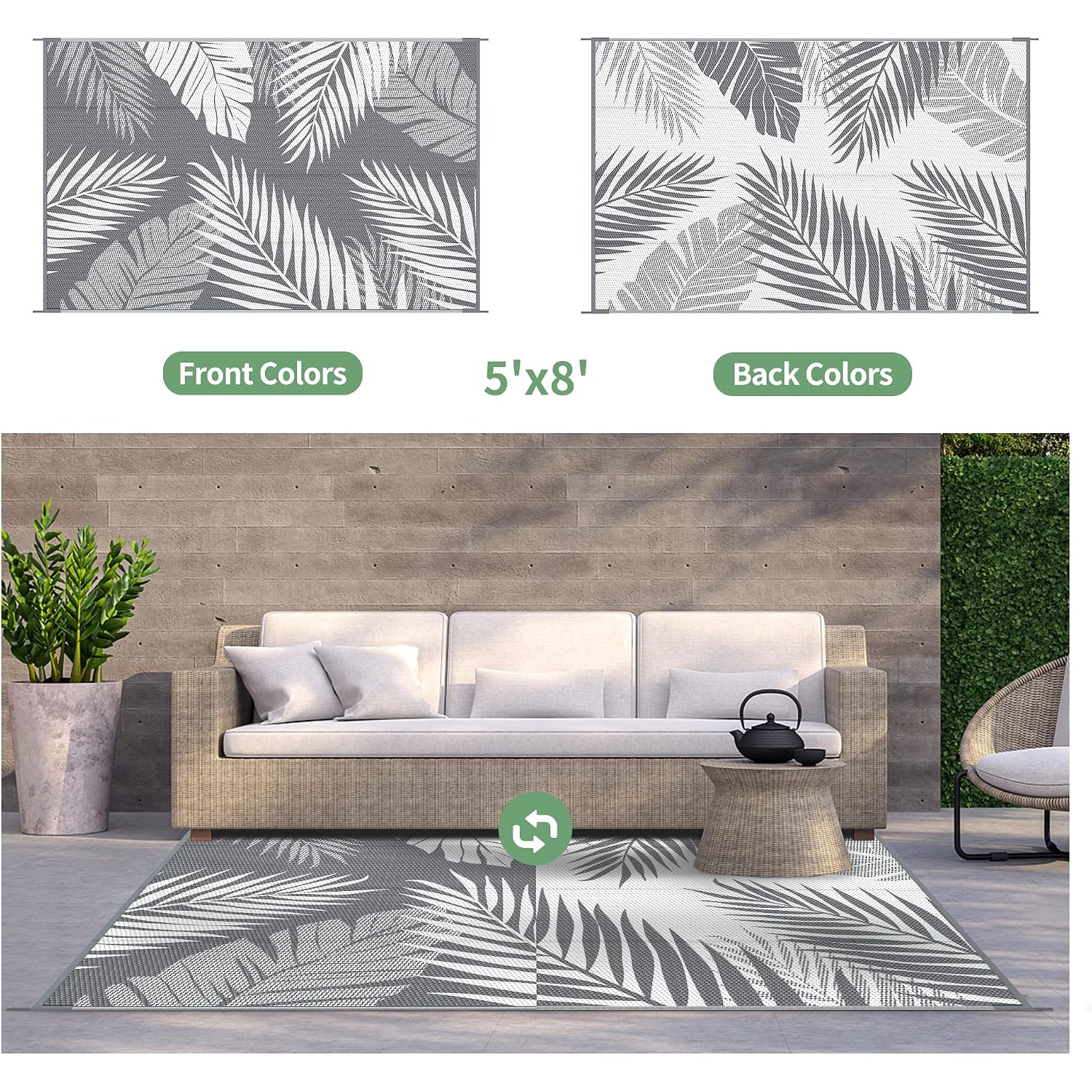 Genimo Outdoor Rug, Waterproof Plastic Rugs For Patio, 5'X8' Grey White | Outside Larger Leaf Carpet Mat For Porch Decor, Deck, Balcony, Camping, Rv, Backyard, Picnic, Beach, Reversible, Foldable