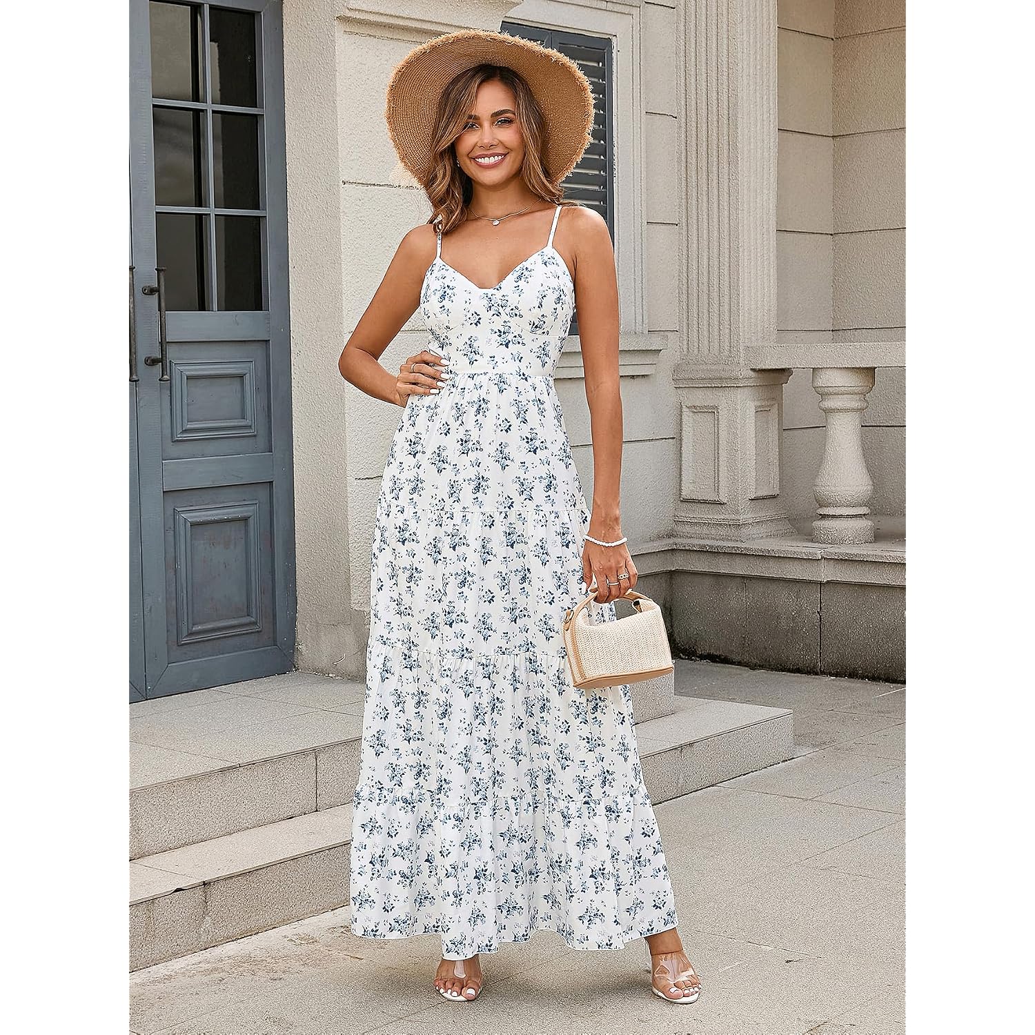 Htzmo Women Casual Summer Floral Maxi Sundress V Neck Spaghetti Strap Bow Tie Backless Flowy Boho Beach Long Dress 2026