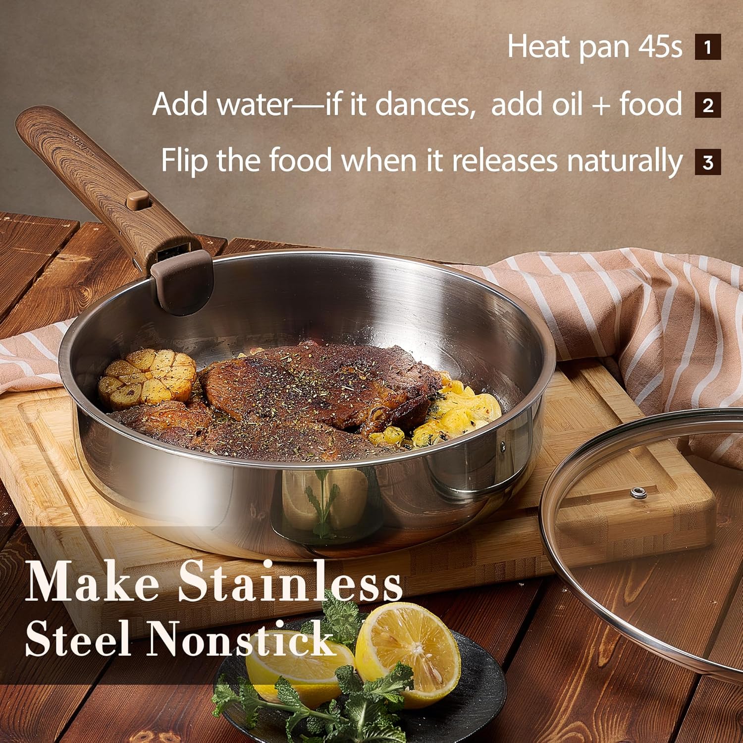 CAROTE 19pcs Stainless Steel Cookware Set with Detachable Handle, Pots and Pans Set, Induction Kitchen Cooking Sets, RV/Camping Cookware, Removable Handle, Oven Safe, Woodgrain, Mothers Day Gifts