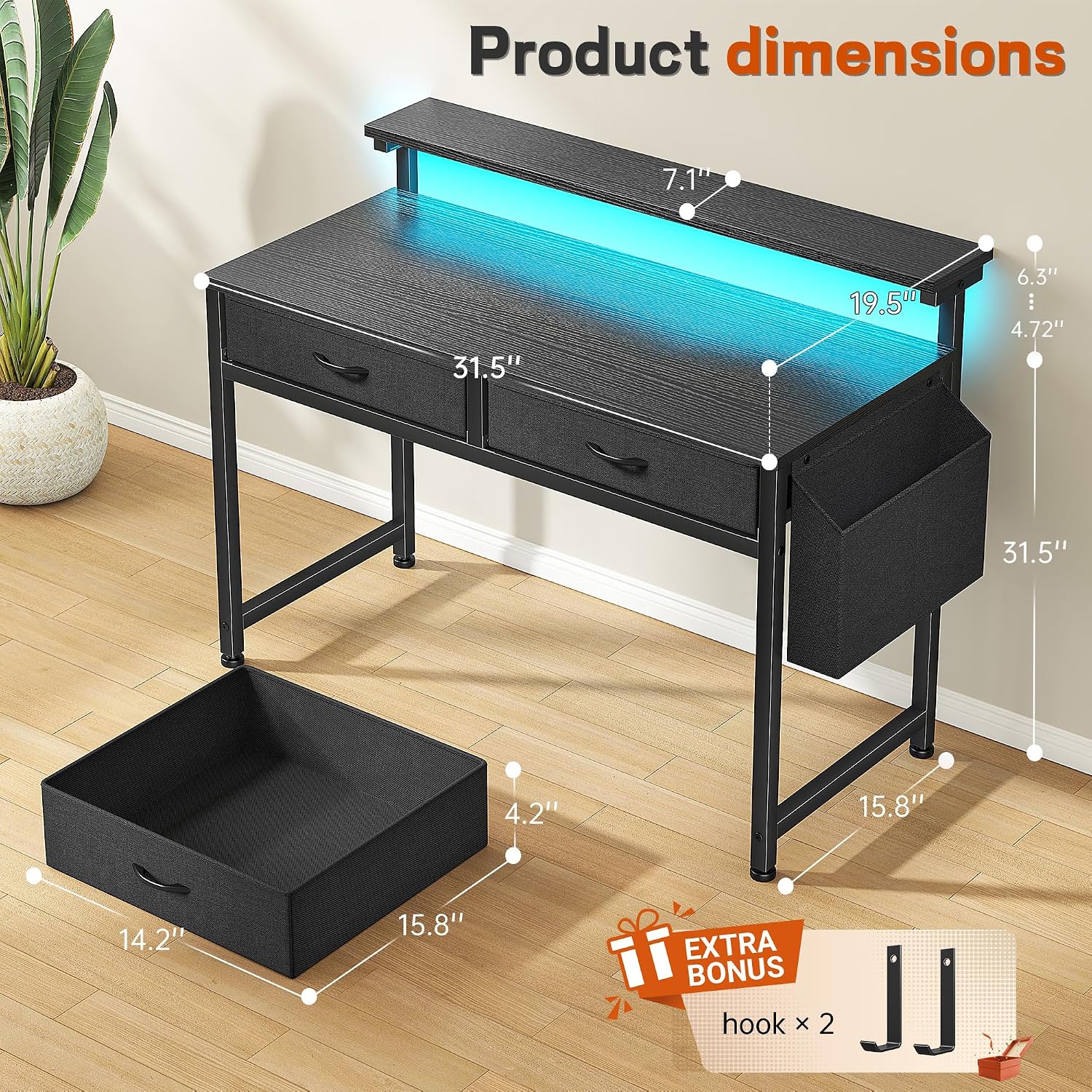 31Inch Office Computer Desk With Led Lights & 2 Fabric Drawers, Gaming Desk With Side Pocket & Ergonomic Monitor Stand, Small Space Study Writing Table With Anti-Tip Design,Black