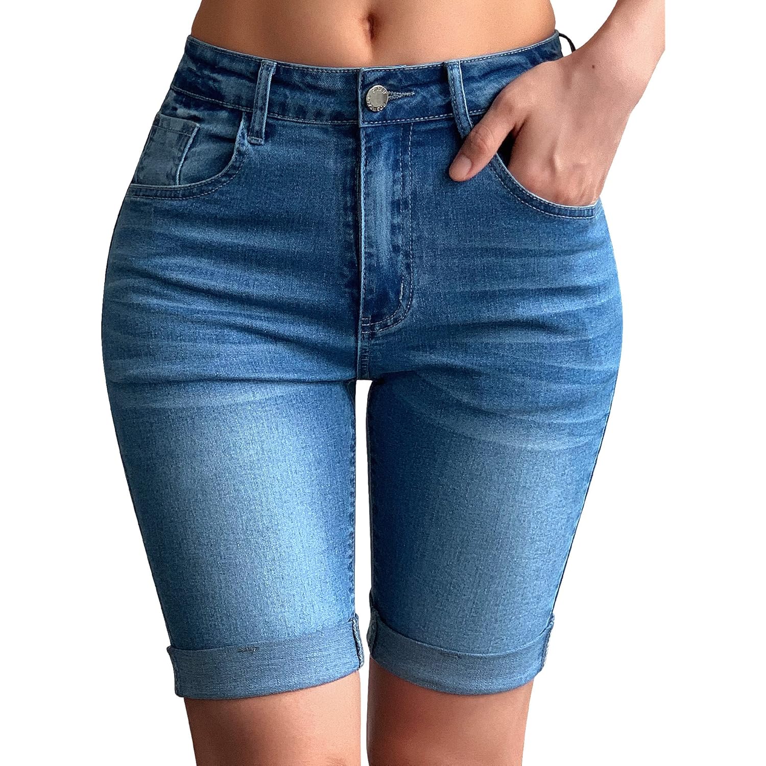 Womens Mid Rise Roll Cuff Bermuda Stretch Denim Jean Shorts