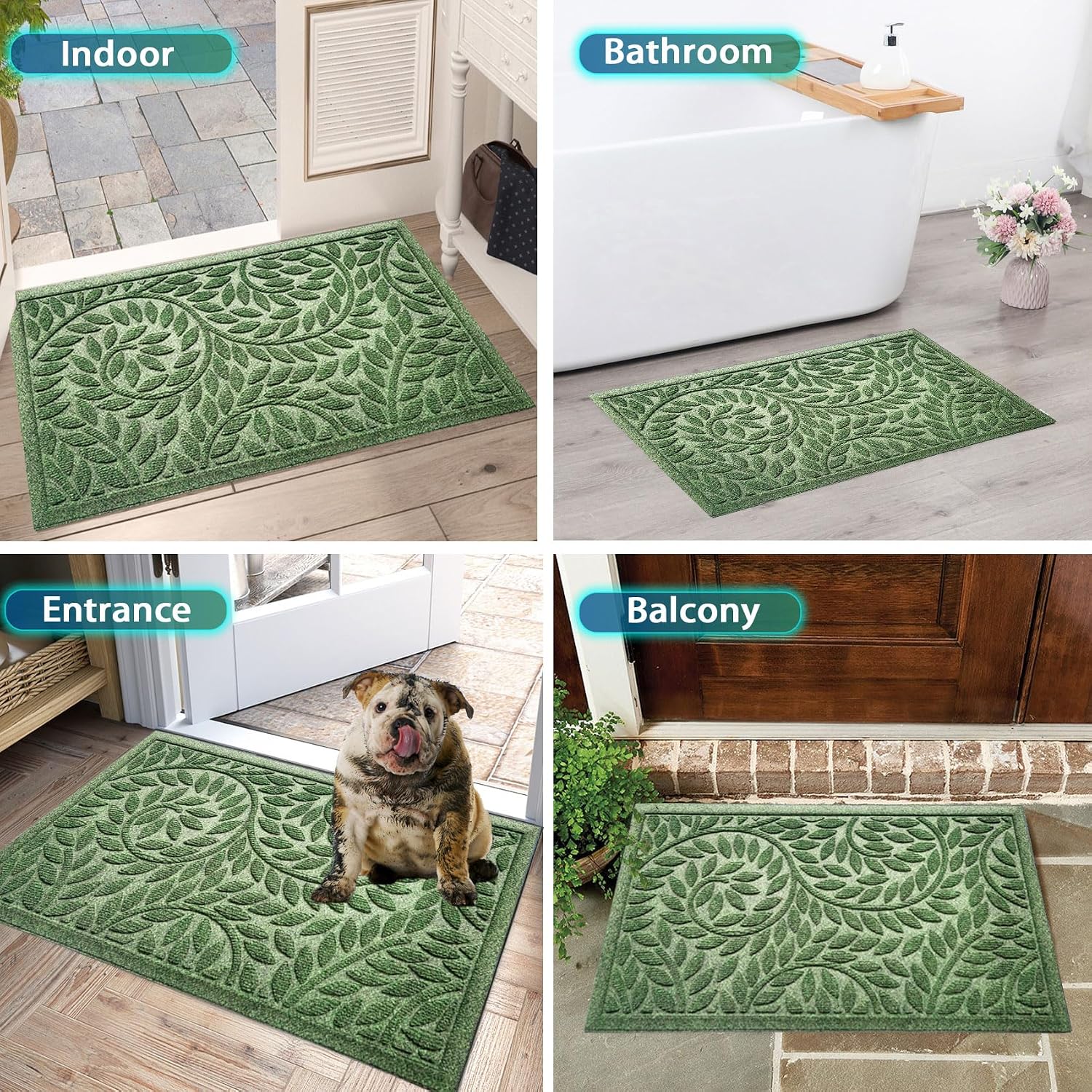 Bulijojo Front Door Mat Entrance,Durable Heavy Duty Welcome Mat,Thick Absorbent Natural Rubber Non Slip Mat,Sturdy Entryway Green, 17"X30"