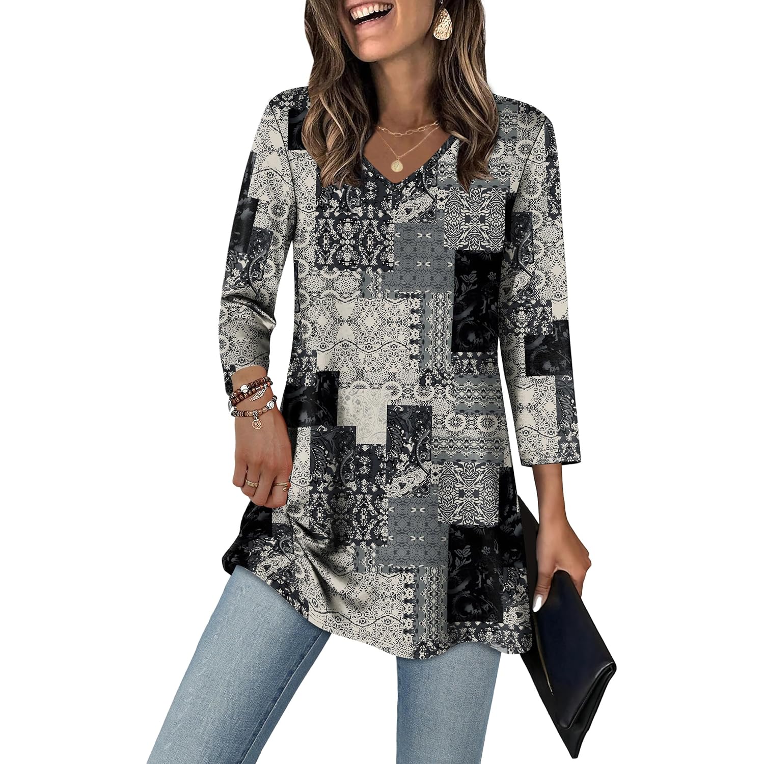 3/4 Length Sleeve Womens Tops Dressy Casual Plus Size Tunics to Wear with Leggings