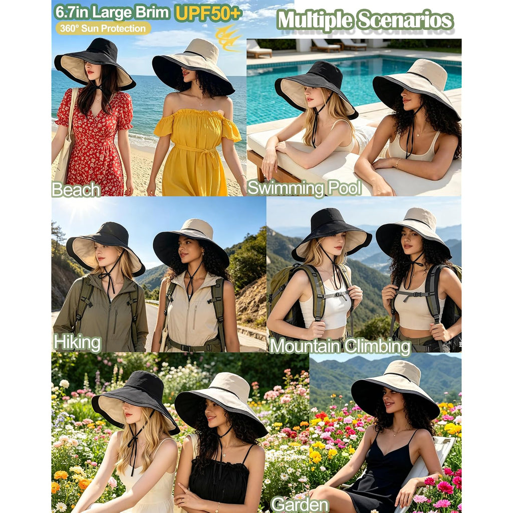 Extra Wide-Brim Sun Hats Women Uv-Protection Reversible Wired-Edge Packable Garden Beach Travel Summer Bucket Hat