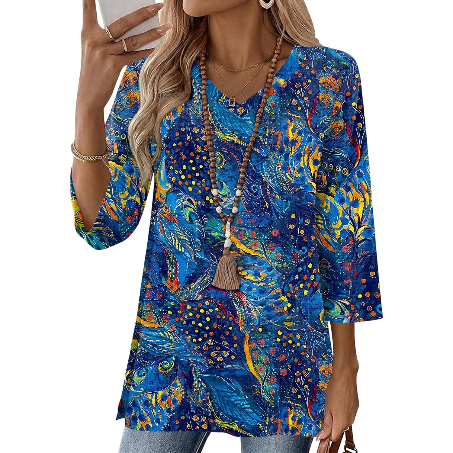 3/4 Length Sleeve Cotton Linen Womens Tops V Neck Loose Fit Dressy Casual Blouse Flowy Shirts Womens Clothing