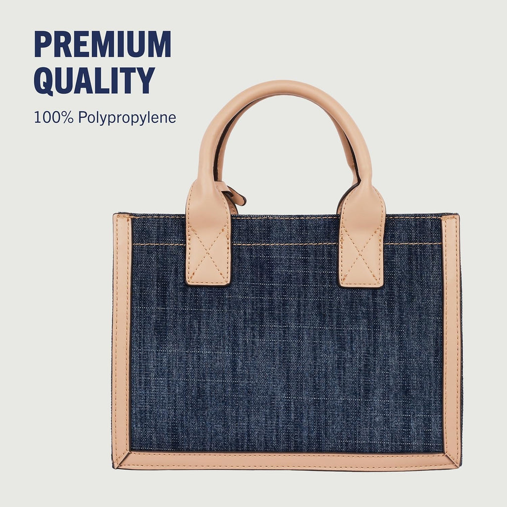 True Religion Denim Tote Bag, Bombe Logo Shoulder Carryall with Horseshoe Hardware and Strap Hand Bag, Dark Denim
