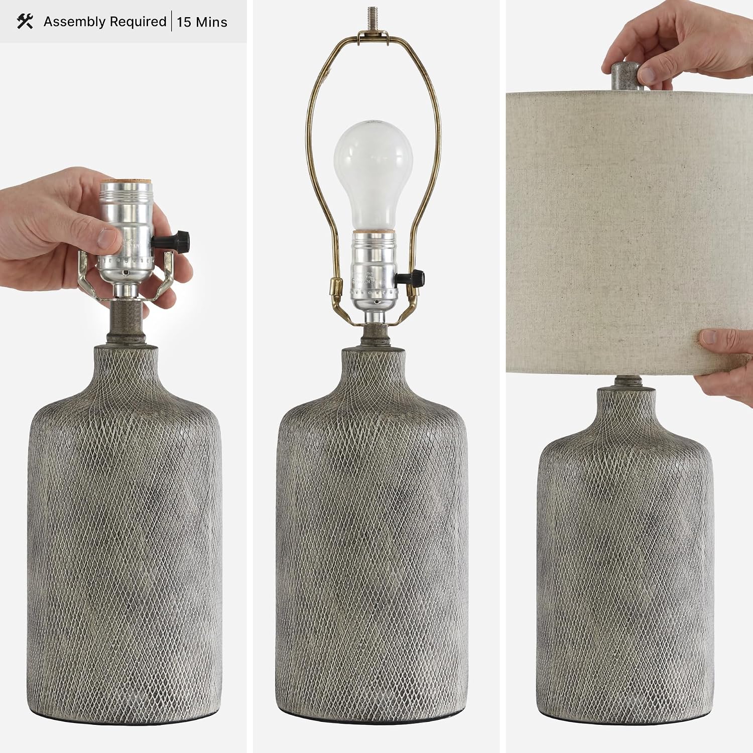 Signature Design By Ashley Linus Urban Contemporary Ul Listed Lamp With Fabric Modified Drum Shade, 3-Way Switch, Ceramic, 25" Height, Antique Black Finish