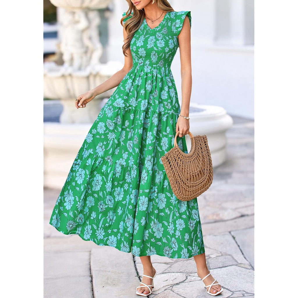 Prettygarden Women'S Boho Floral Maxi Dress 2026 Summer Smocked V Neck Ruffle Sleeve Spring Flowy Beach Vacation Sundresses