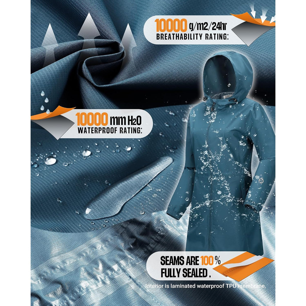 Outdoor Ventures Women'S Waterproof Long Rain Coats Packable Lightweight Rain Jacket With Hood Windproof Trench Coats