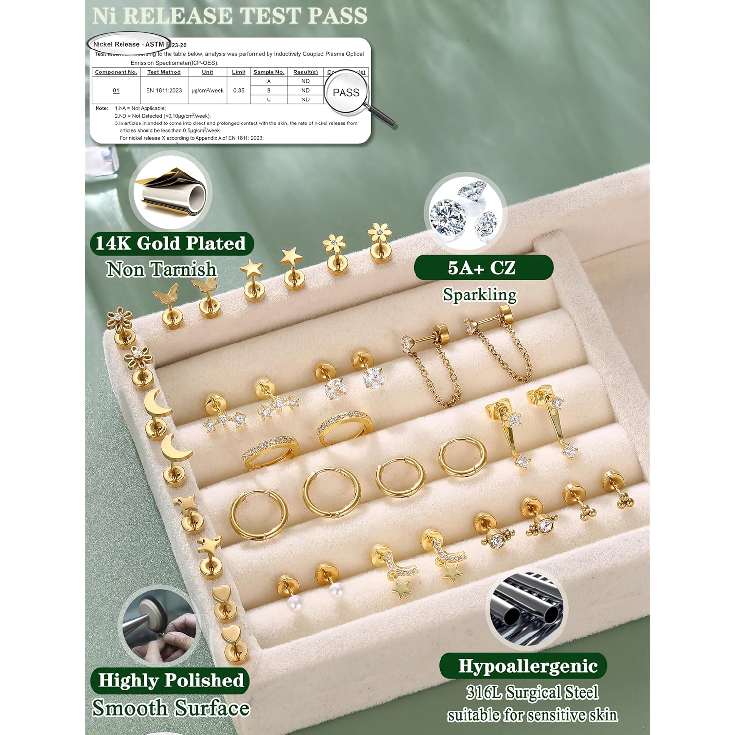 Hypoallergenic Flat Back Earrings 14K Gold Plated Cartilage Earring Stacks for Sensitive Ears Surgical Steel Small Huggie Hoops Flatback Stud Earrings Set for Multiple Piercing Jewelry Gift for Women