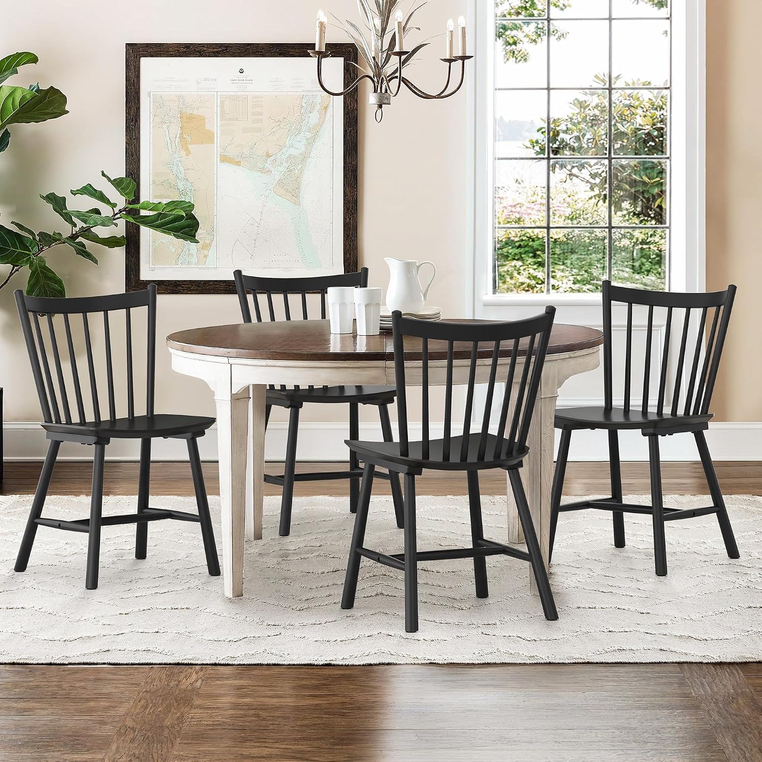 Lue Bona Upgraded Dining Chairs Set Of 4, Farmhouse Wooden Spindle Back Kitchen Chairs, Windsor Dining Chairs For Kitchen And Dining Room, Black