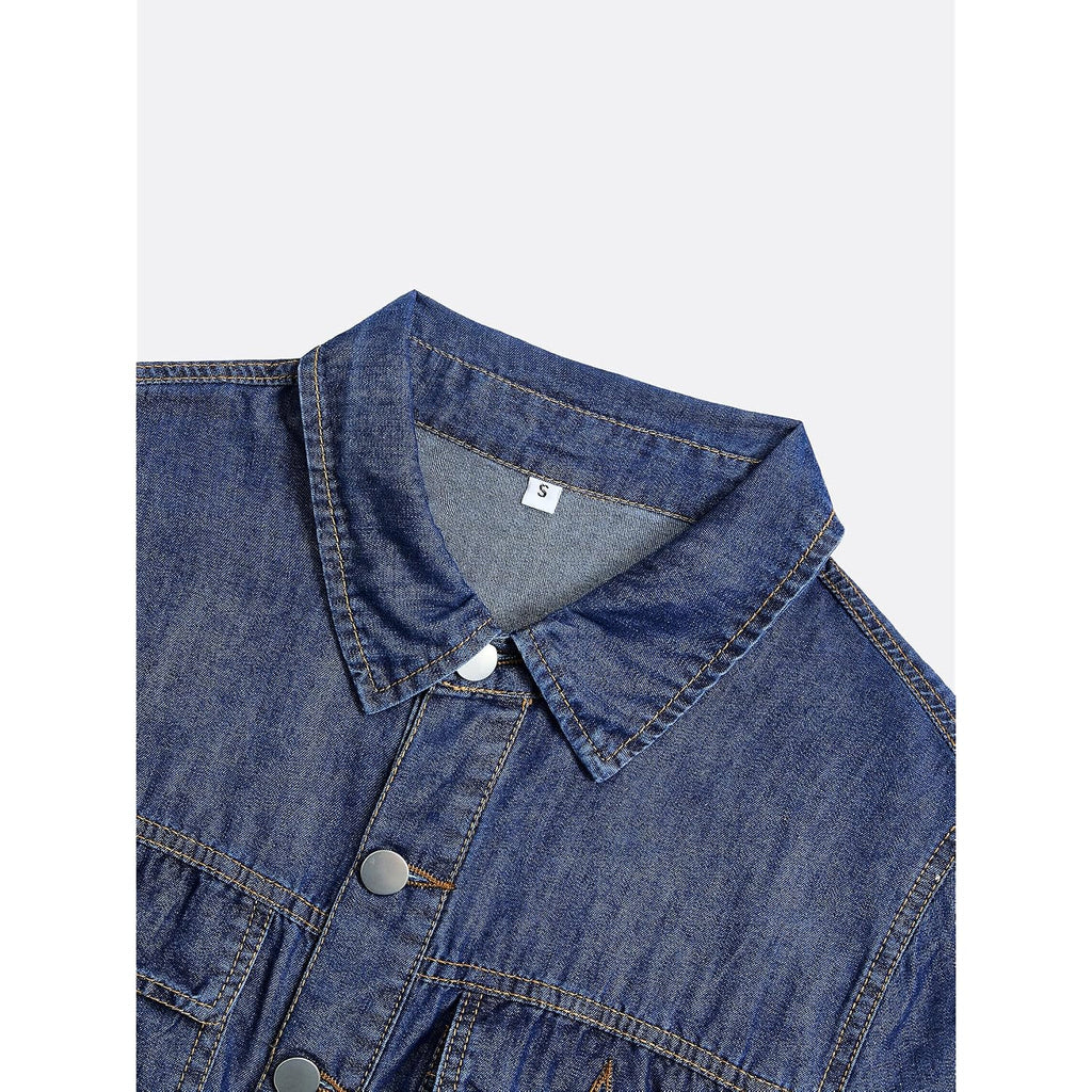 Women Denim Shirt Dress V Neck Short Sleeve Long Bottom Down A-Line Jeans Dresses With Pockets