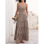 Caracilia Women'S Gingham Striped Smocked Maxi Dress | Spaghetti Strap,Pockets,V Neck A-Line ,Checkered Plaid, Boho Casual,Beach Vacation Resort Cruise Outfits,Summer Fall Clothes
