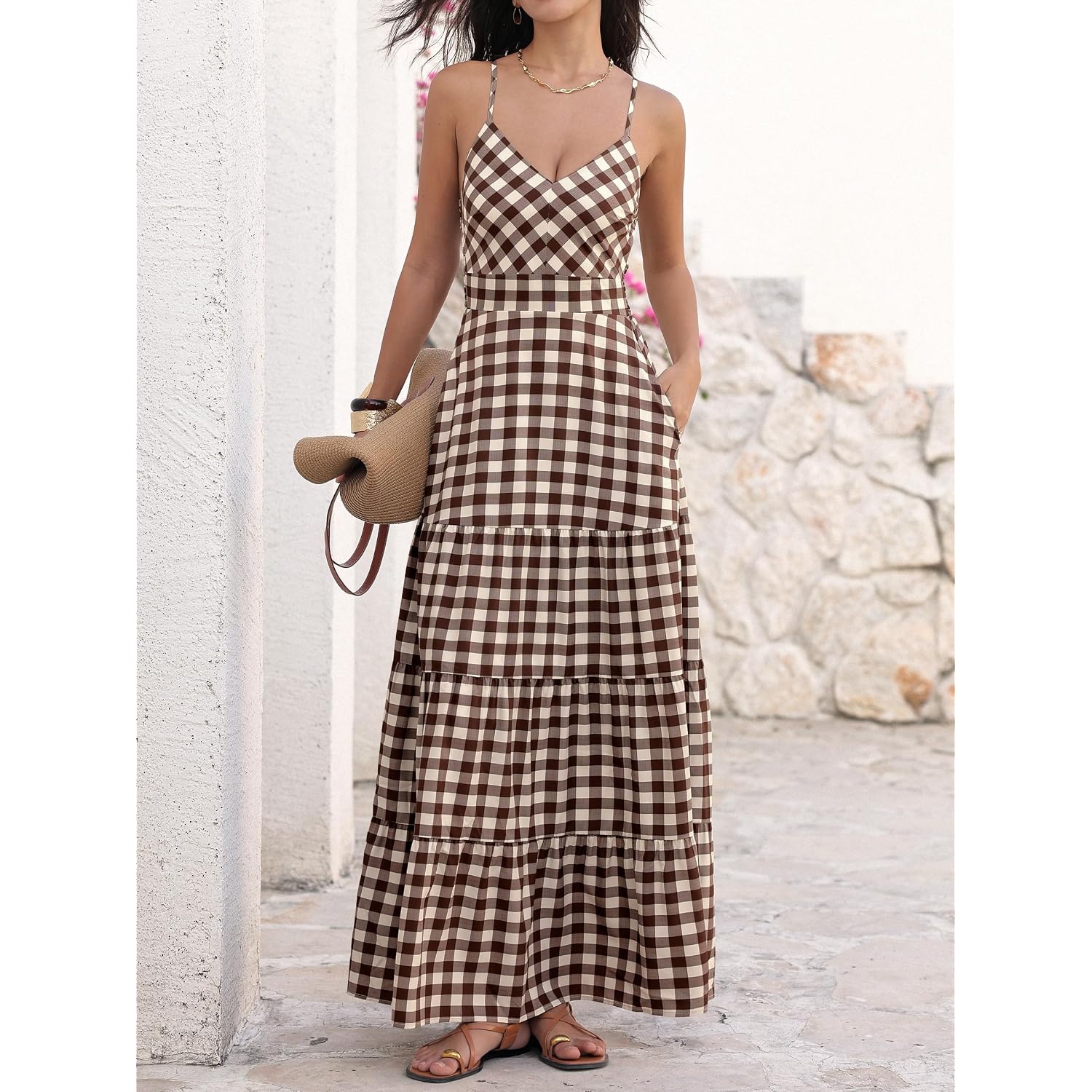 Caracilia Women'S Gingham Striped Smocked Maxi Dress | Spaghetti Strap,Pockets,V Neck A-Line ,Checkered Plaid, Boho Casual,Beach Vacation Resort Cruise Outfits,Summer Fall Clothes