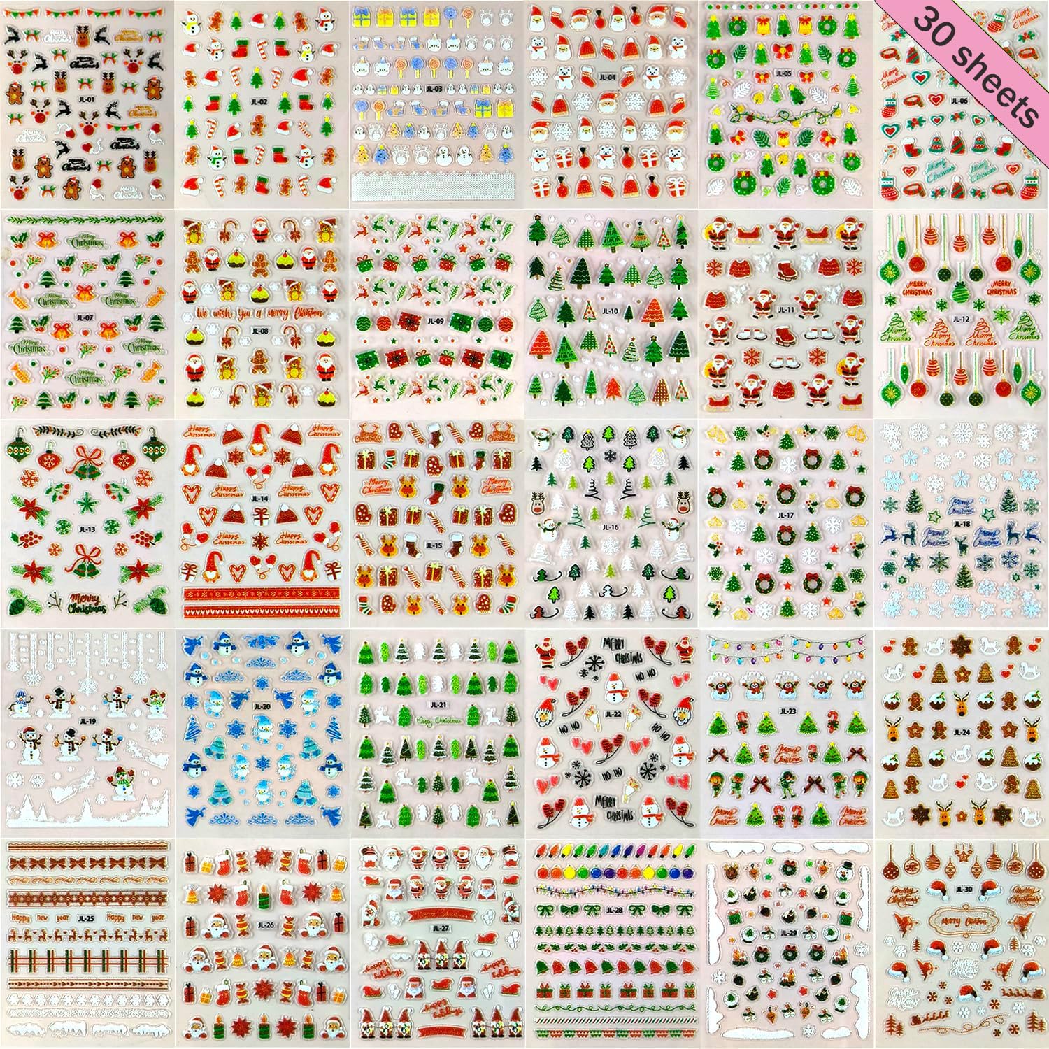 Christmas Nail Art Stickers 30 Sheets Christmas Nail Decals 3D Self Adhesive Santa Claus Elk Snowman Christmas Tree Nail Art Supplies Winter Nail Stickers for Women DIY Acrylic Nail Decorations