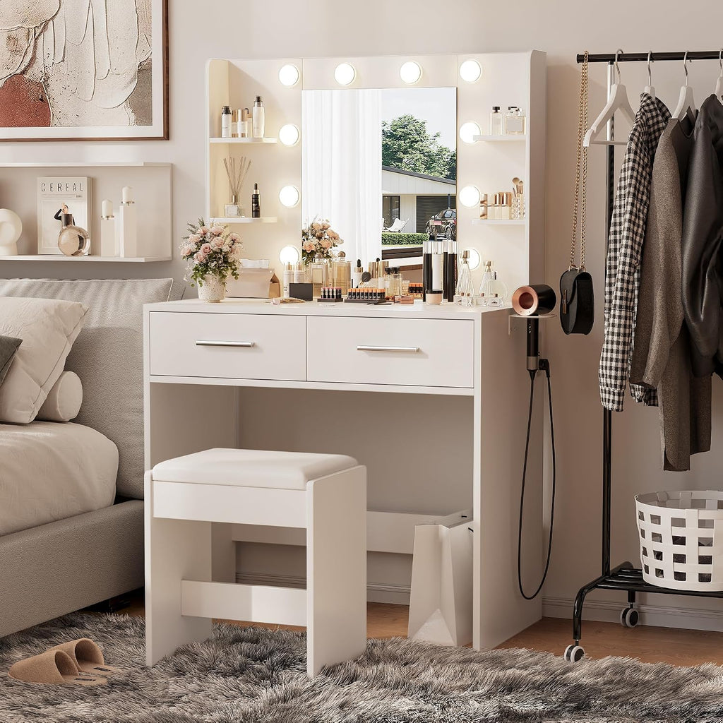 Furmax Make Up Vanity Desk With Mirror And Power Outlet, Vanity With 3 Color Light Options Adjustable Brightness, Vanity Desk With 2 Drawers, 6 Storage Shelves (White, With Bench)