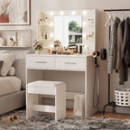 Furmax Make Up Vanity Desk With Mirror And Power Outlet, Vanity With 3 Color Light Options Adjustable Brightness, Vanity Desk With 2 Drawers, 6 Storage Shelves (White, With Bench)