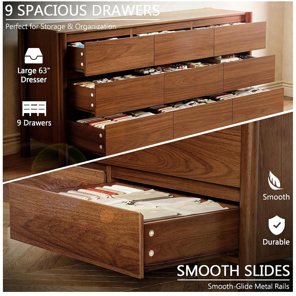 63" Wide 9-Drawer Dresser For Bedroom, Mid-Century Modern Chest With Solid Wood Legs, Concealed Handle,Large Wood Storage Organizer, Bedroom Storage,Walnut