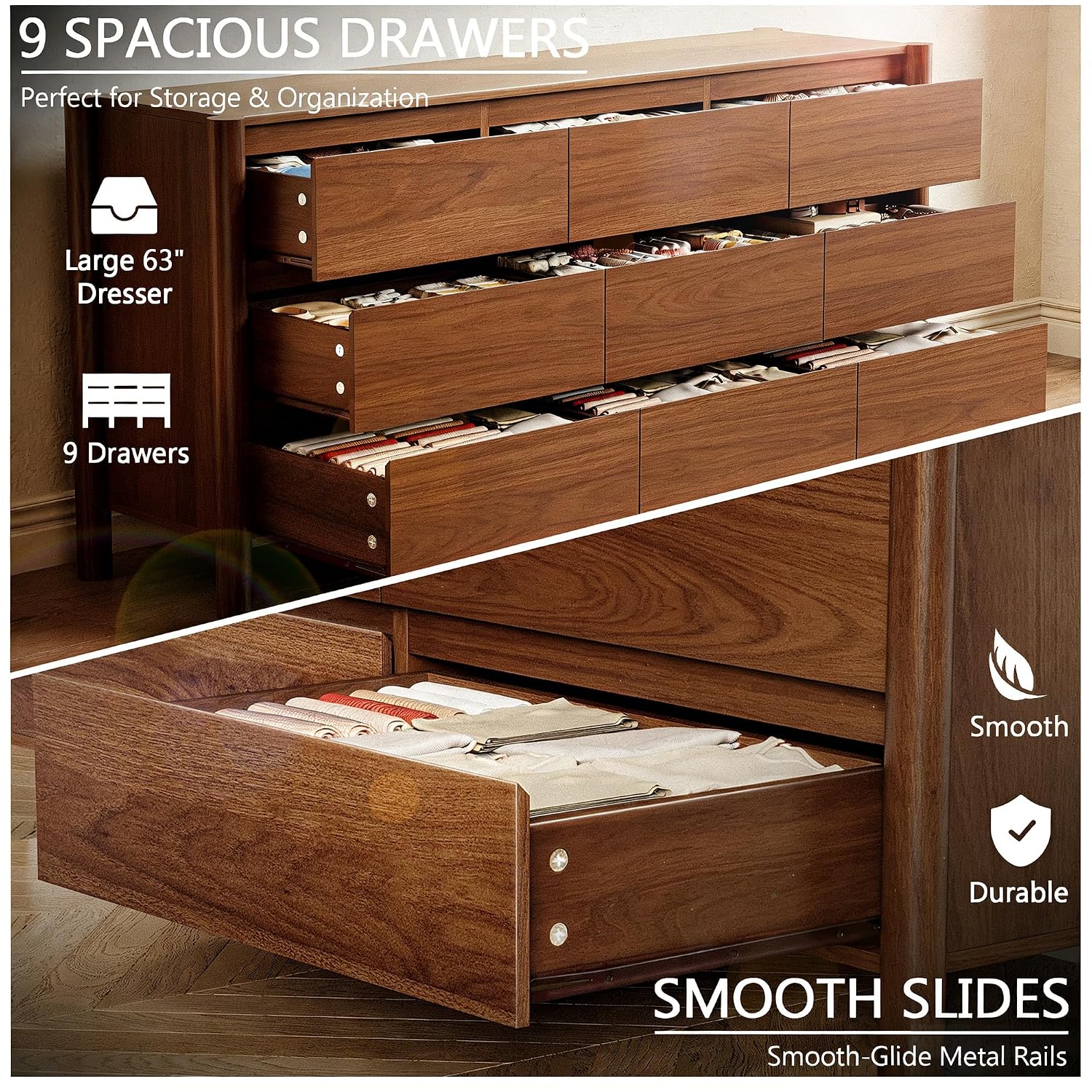 63" Wide 9-Drawer Dresser For Bedroom, Mid-Century Modern Chest With Solid Wood Legs, Concealed Handle,Large Wood Storage Organizer, Bedroom Storage,Walnut