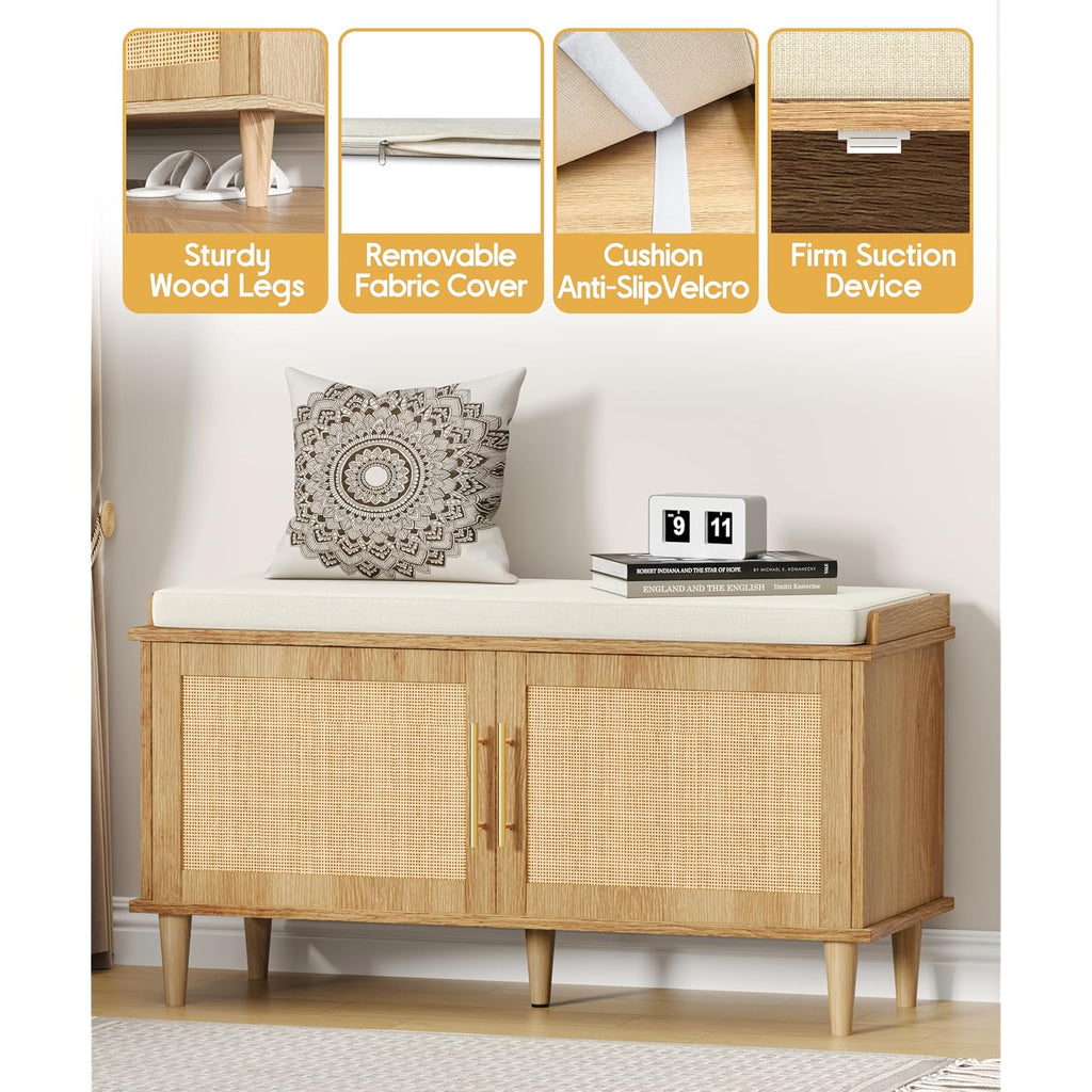 Rattan Shoe Storage Bench With Cushion, 2-Tier Entryway Bench With Adjustable Shelves And 2 Doors, 15" D X 39.4" W X 20" H, Solid Wood Legs, For Hallway, Living Room, Bedroom, Natural Oak