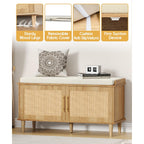 Rattan Shoe Storage Bench With Cushion, 2-Tier Entryway Bench With Adjustable Shelves And 2 Doors, 15" D X 39.4" W X 20" H, Solid Wood Legs, For Hallway, Living Room, Bedroom, Natural Oak