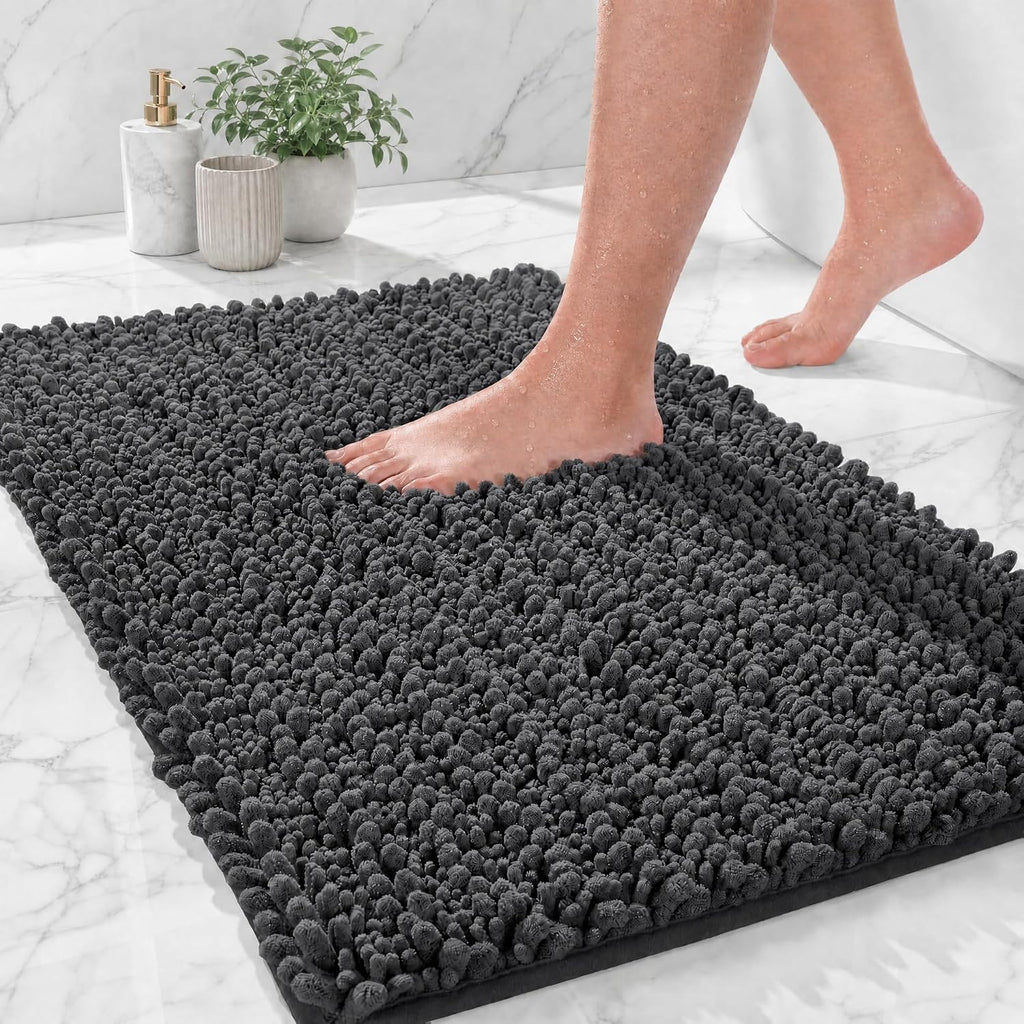 Ilango Bathroom Rugs Dark Grey 32X20,Extra Soft Absorbent Chenille Bath Rugs,Thick Non-Slip Shaggy Bath Mat,Machine Washable Quick Dry Bath Mats For Bathroom Floor, Tub, Shower Accessories