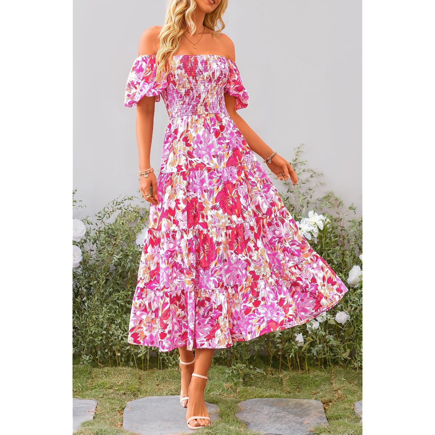 Prettygarden Women'S Casual Summer Midi Dress Puffy Short Sleeve Square Neck Smocked Tiered Ruffle Dresses