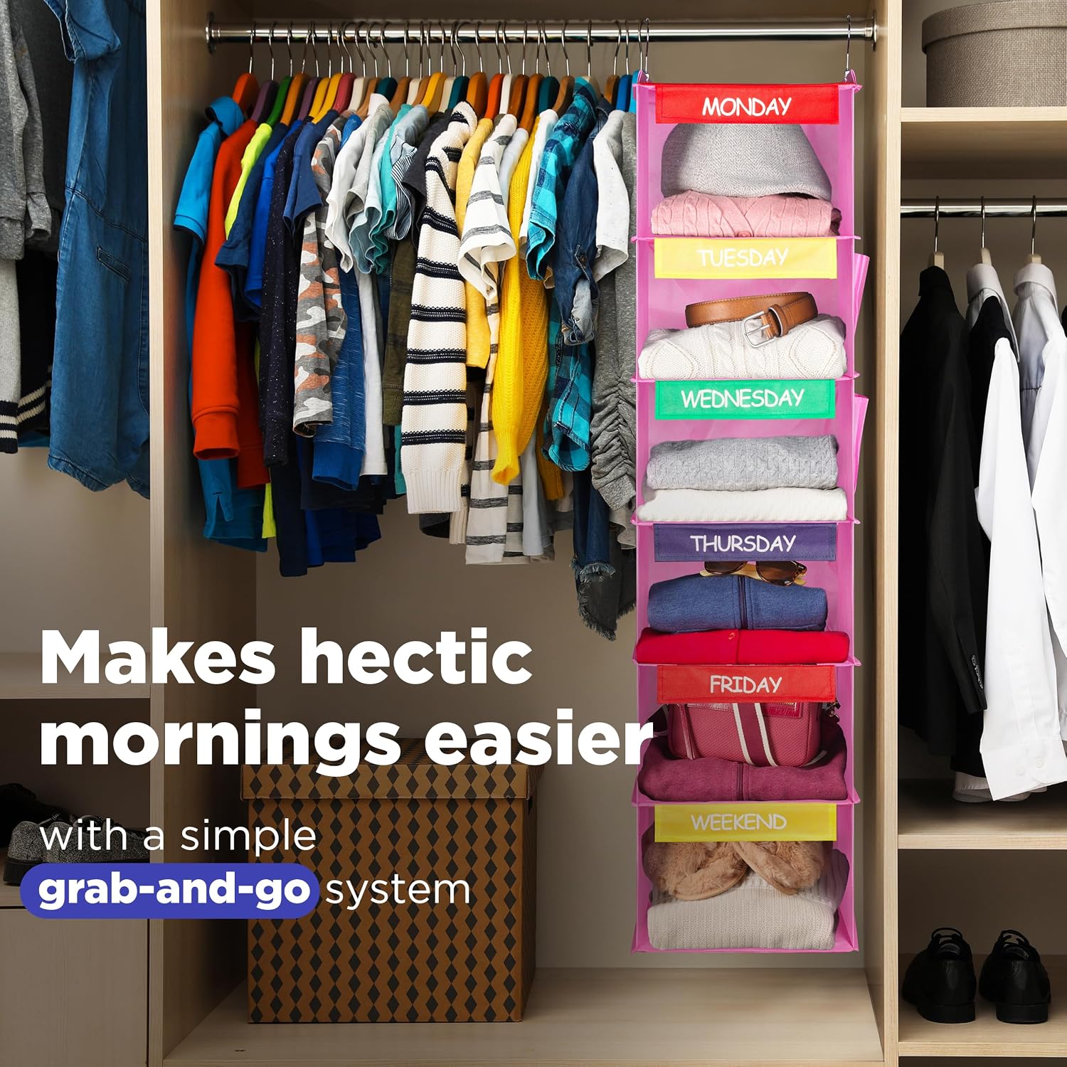 Handy Laundry Weekly Clothes Organizer For Kids, 6-Shelf Bamboo Reinforced | Days Of The Week Hanging Closet Shelves, Monday Through Friday And Weekend, School Outfit Storage, Side Pockets, Pink