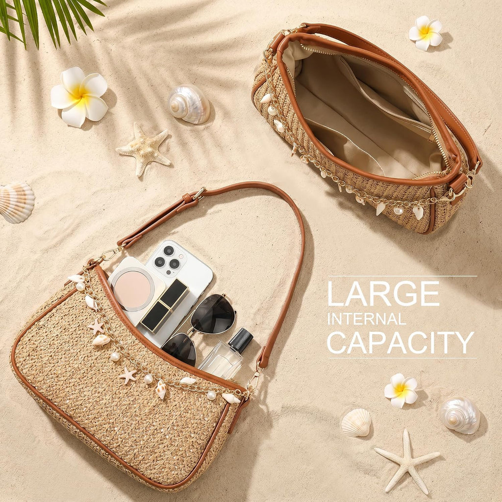 Straw Shoulder Bag For Women Raffia Summer Beach Bag Boho Woven Straw Shoulder Purse Crochet Vacation Purse Handbag
